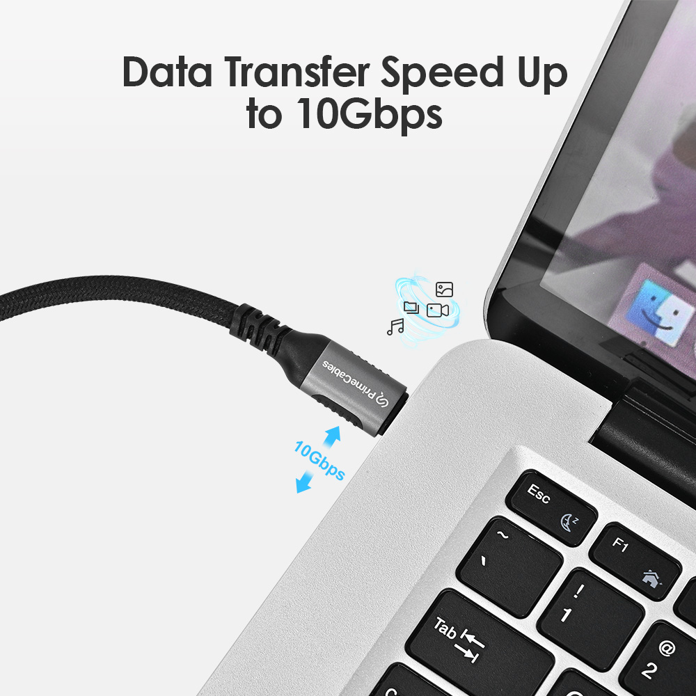 Nylon braided USB Type-C cable plugged into a laptop with a data transfer speed up to 10Gbps