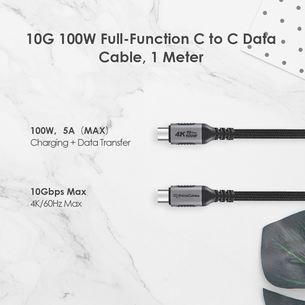 A nylon-braided 1m USB C-to-C cable that supports 100W charging power and 10Gbps data transmission