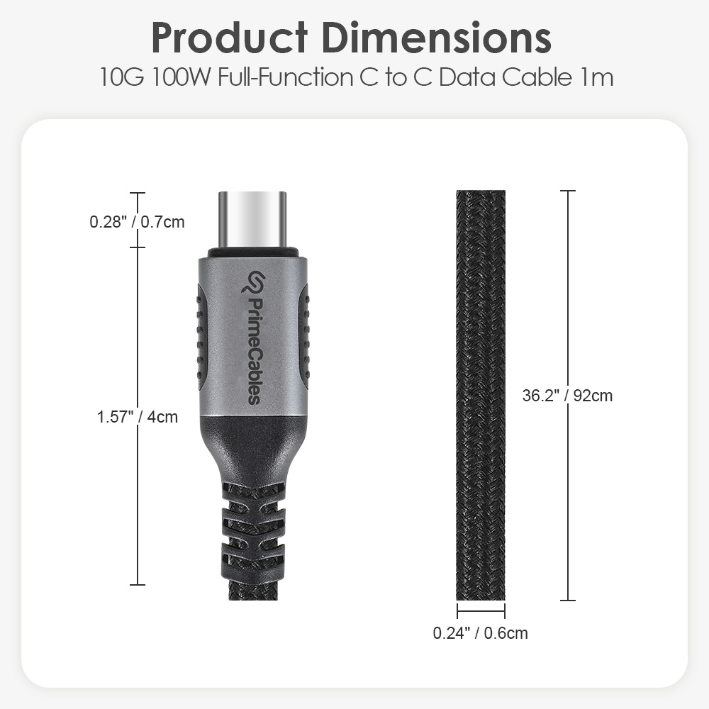 Product dimensions of the USB Type-C to Type-C cable's connector and nylon-braided wire