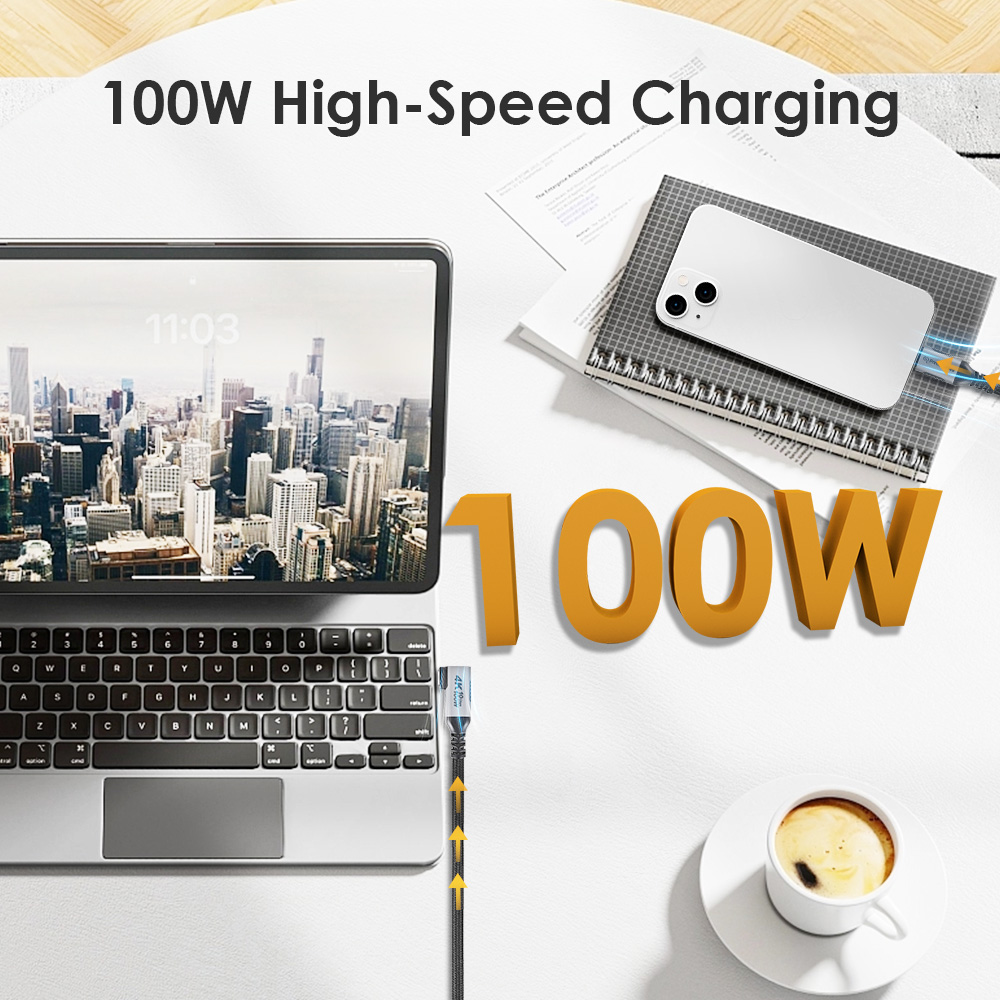 100W high-speed charging right-angle Type-C cable connecting a laptop and phone on a desk