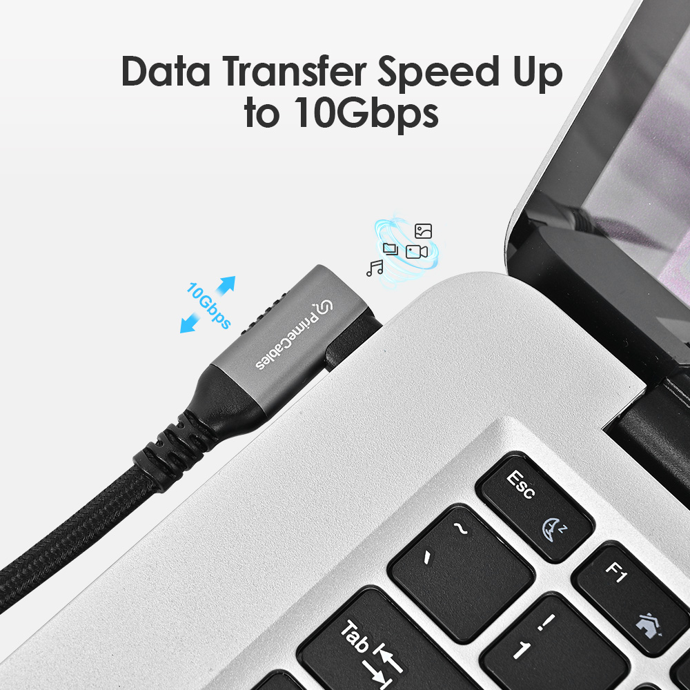 Right-angle Type-C cable plugged into a laptop with a data transfer speed of up to 10Gbps