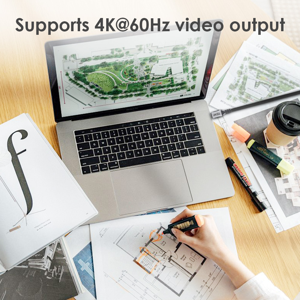Right-angle Type-C to Type-C cable plugged into a laptop with a video output speed of up to 4K@60Hz