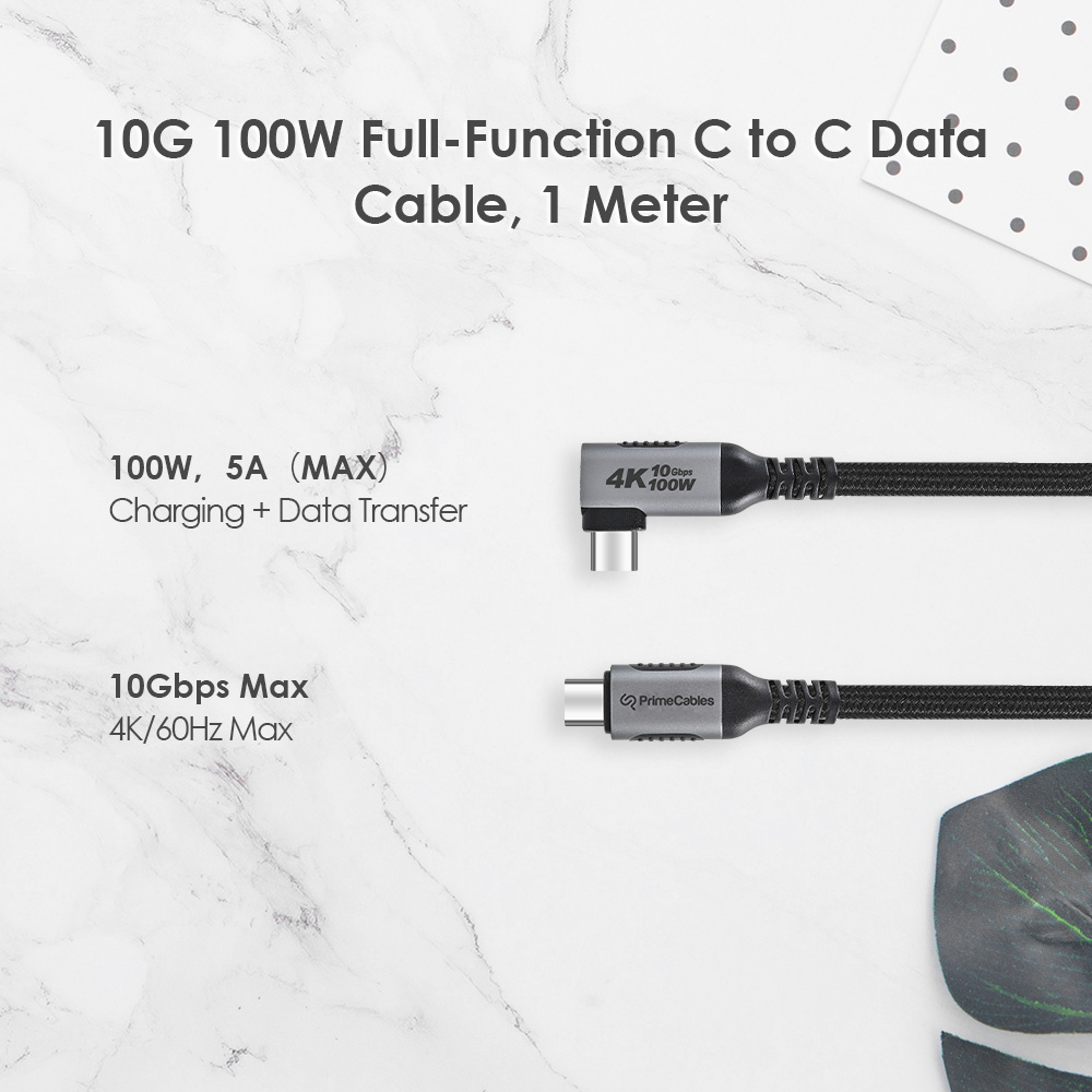1m right-angle Type-C cable supports up to 100W charging power and up to 10Gbps data transmission
