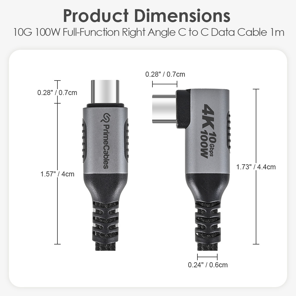 Product dimensions for 1m right-angle C-to-C cable, which also shows its connector measurements