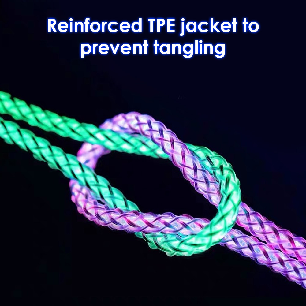 RGB USB-C to USB-C cable with reinforced TPE jacket to prevent tangling for convenient use