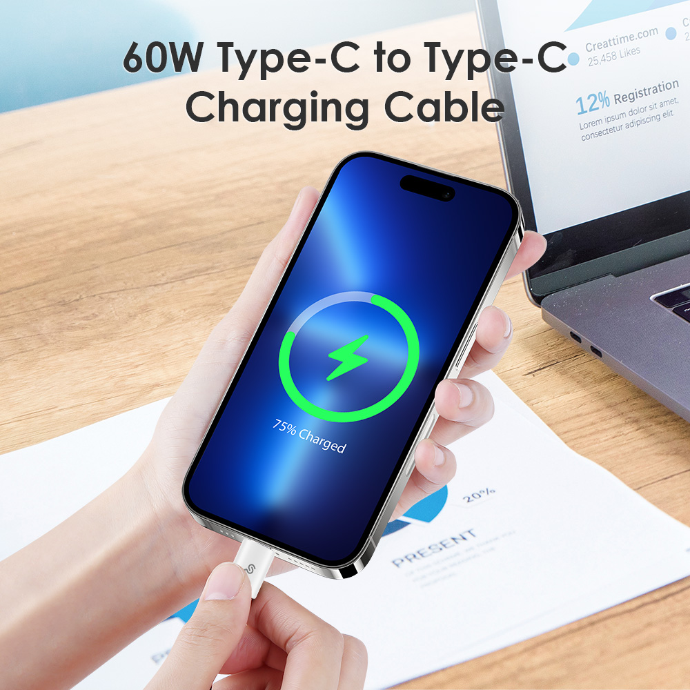 A USB-C to USB-C charging cable connected a smartphone (showing 75% charged) at up to 60W charging power