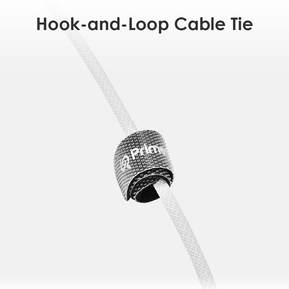 PrimeCables white braided USB Type-C to Type-C cable secured with a hook-and-loop cable tie