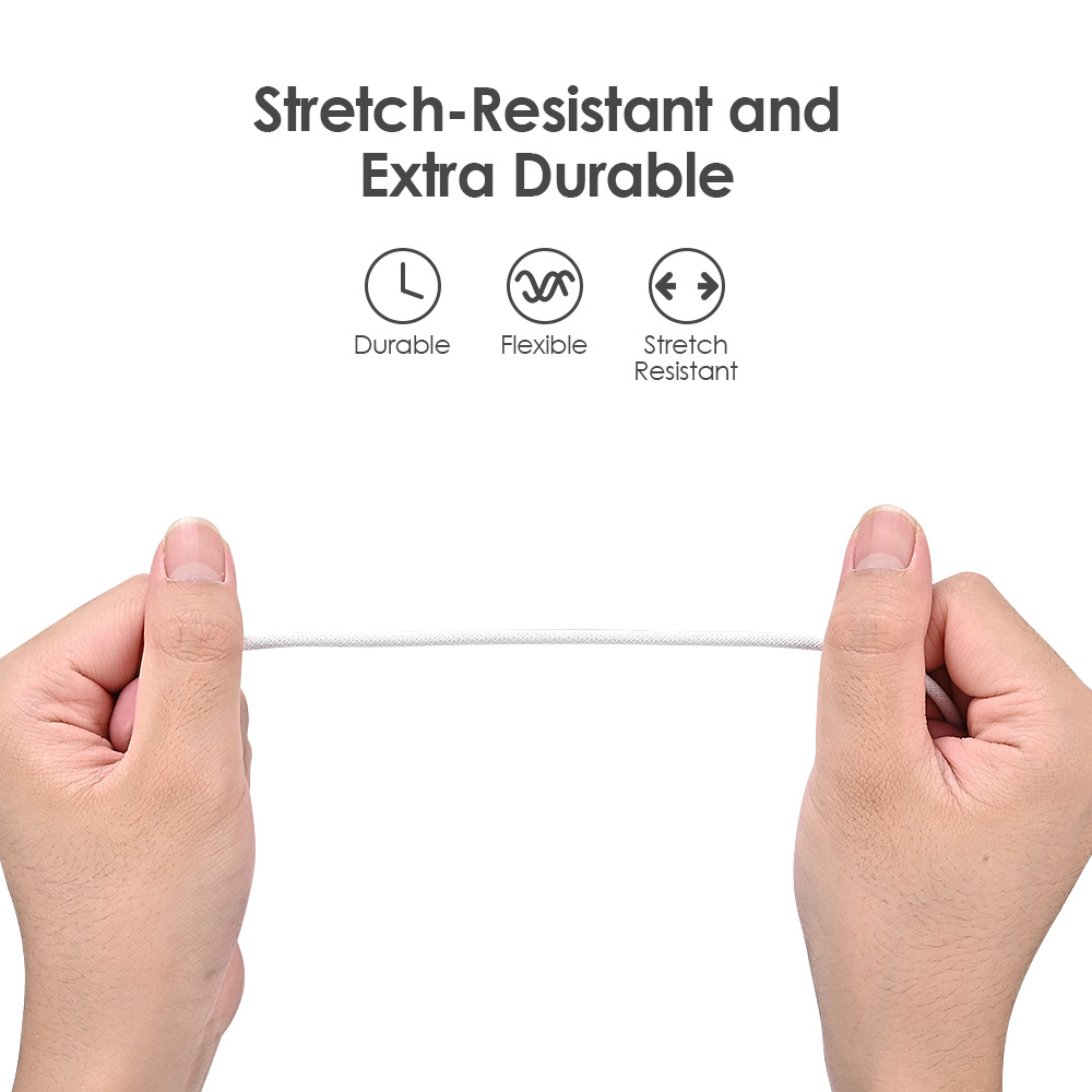The white braided USB Type-C to Type-C cable is durable, flexible, and stretch-resistant Hands stretching a white braided USB-C cable, with a text "stretch-resistant and extra durable" above