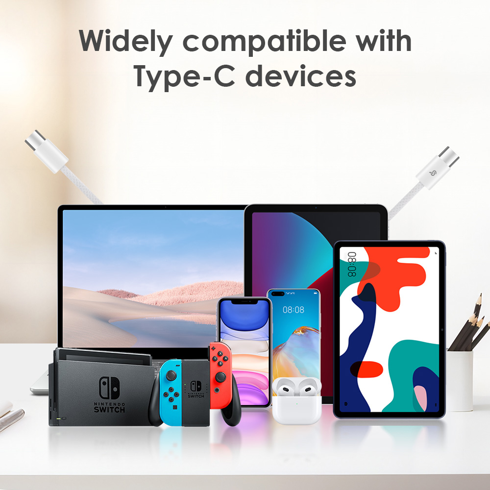 White USB-C to USB-C cable compatible with various Type-C devices (laptop, Switch, phone, tablet, earbuds)