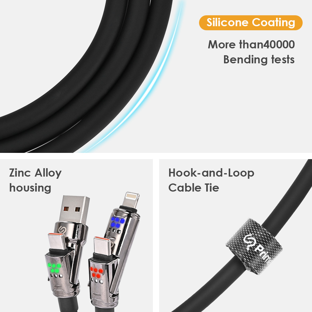 USB charging cable features durable silicone coating, zinc alloy housing, and a hook-and-loop cable tie
