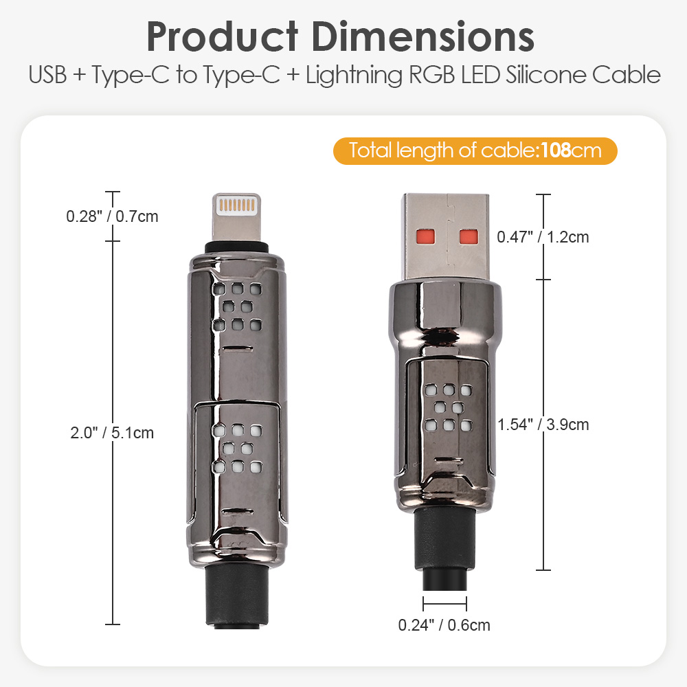 Product dimensions for USB/Type-C to Type-C/Lightning cable and labeled connector measurements for dual ports