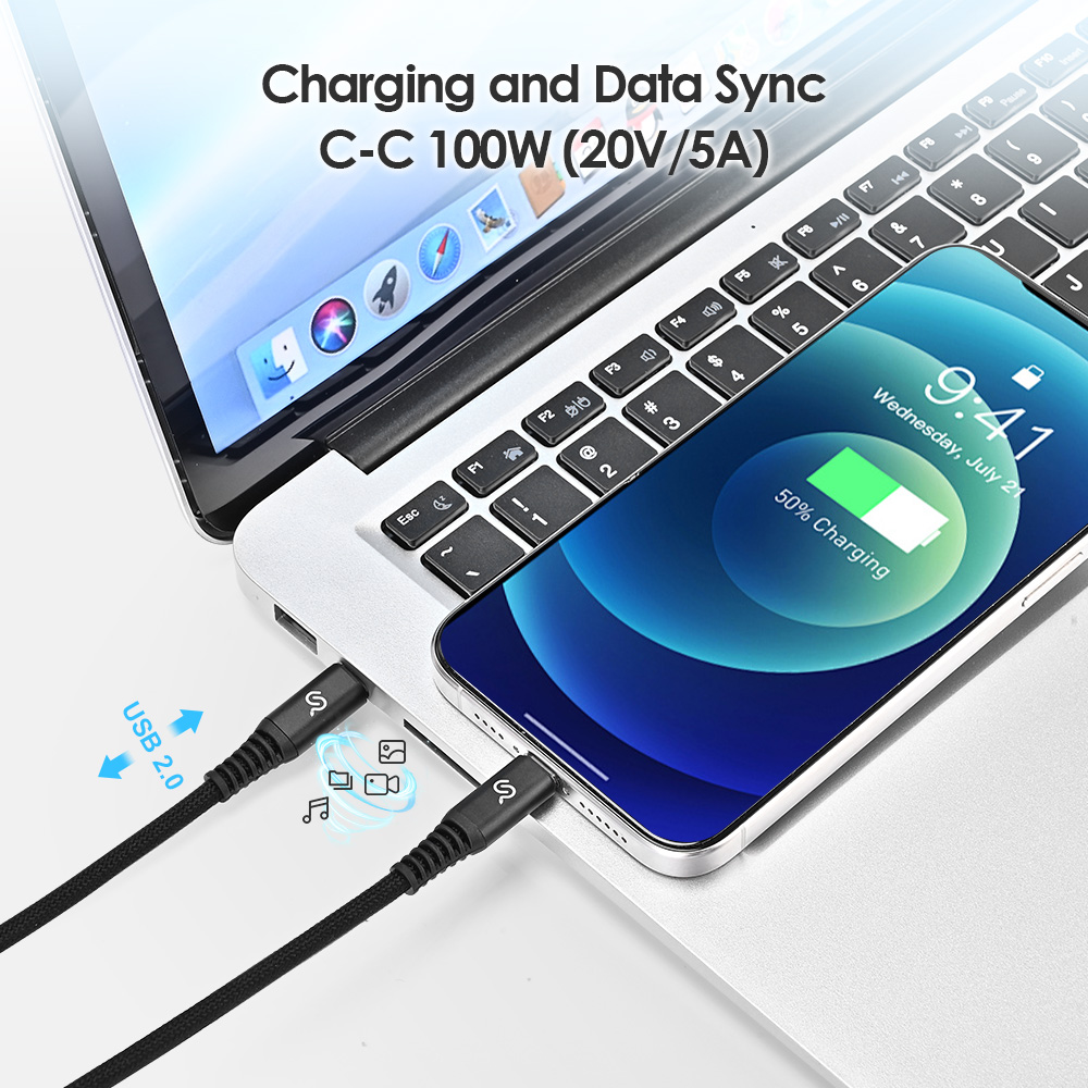 Black USB-C to USB-C cable linking a laptop & smartphone, showing 100W (20V/5A) charging & USB 2.0 data sync