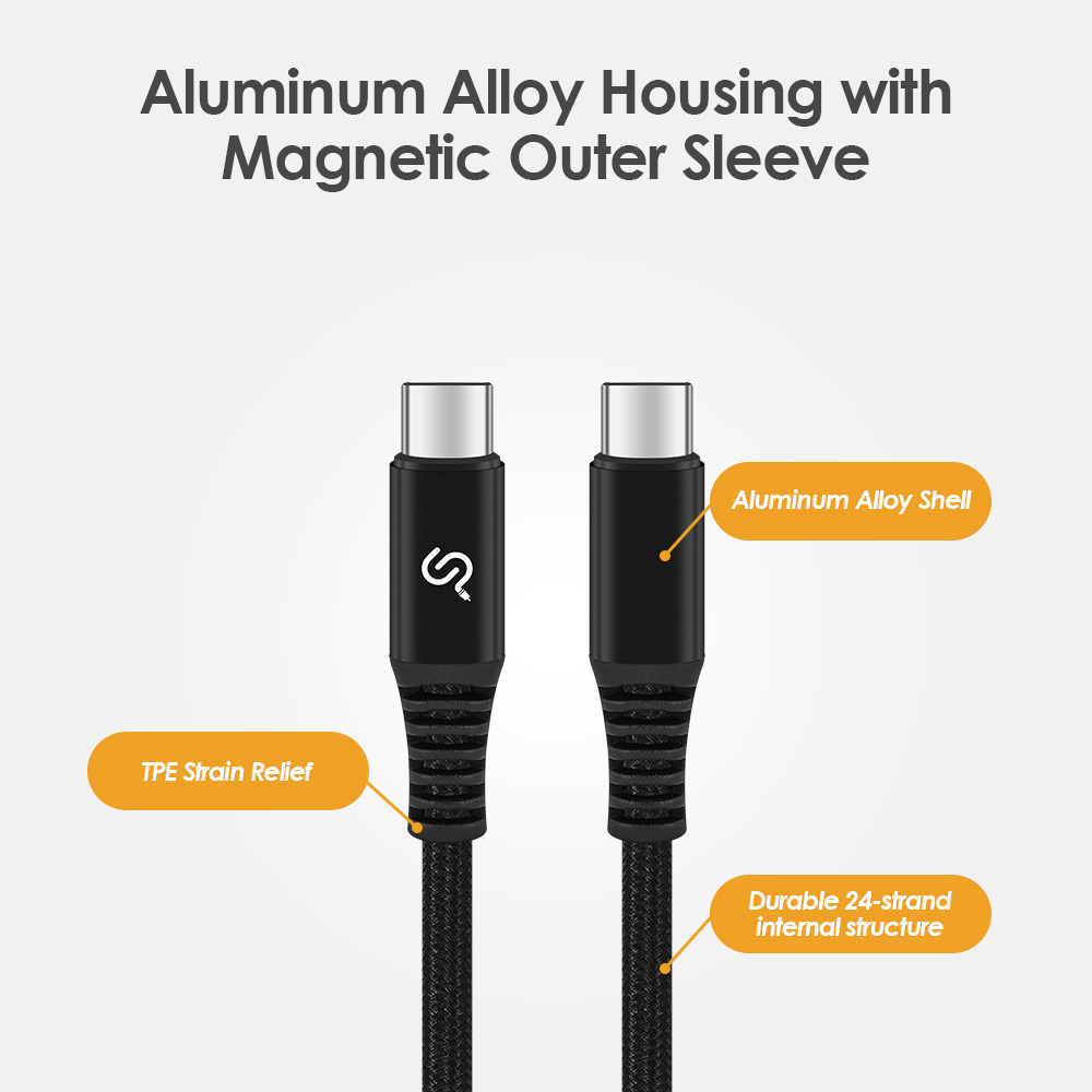 USB Type-C cable features an aluminum alloy shell, TPE strain relief, and durable 24-strand structure