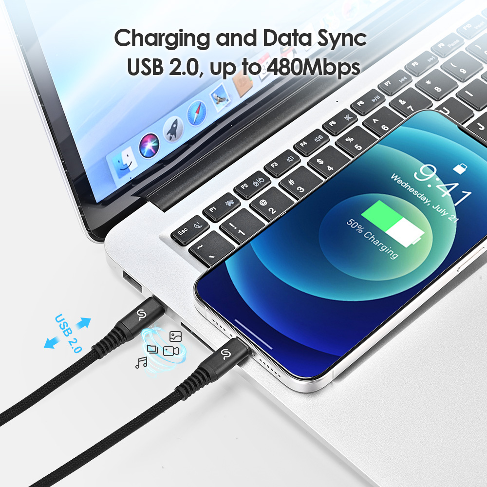 Black Micro USB cable connecting a laptop and a smartphone, with a data transfer rate of up to 480Mbps