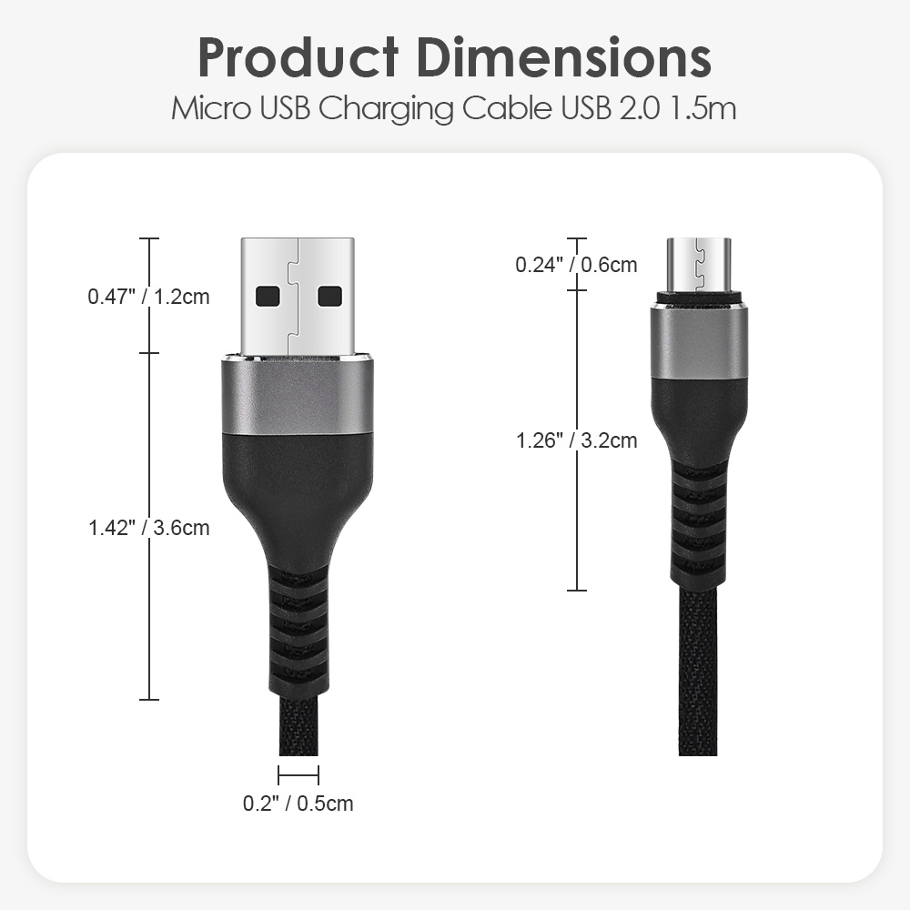 Product dimensions of 1.5m USB 2.0 Micro USB cable, including the measurements of the USB-A and Micro USB connectors