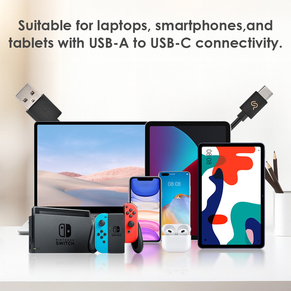 USB-A to USB-C cable compatible with devices that work with USB-A to USB-C connectivity (laptop, Nintendo Switch, tablet)
