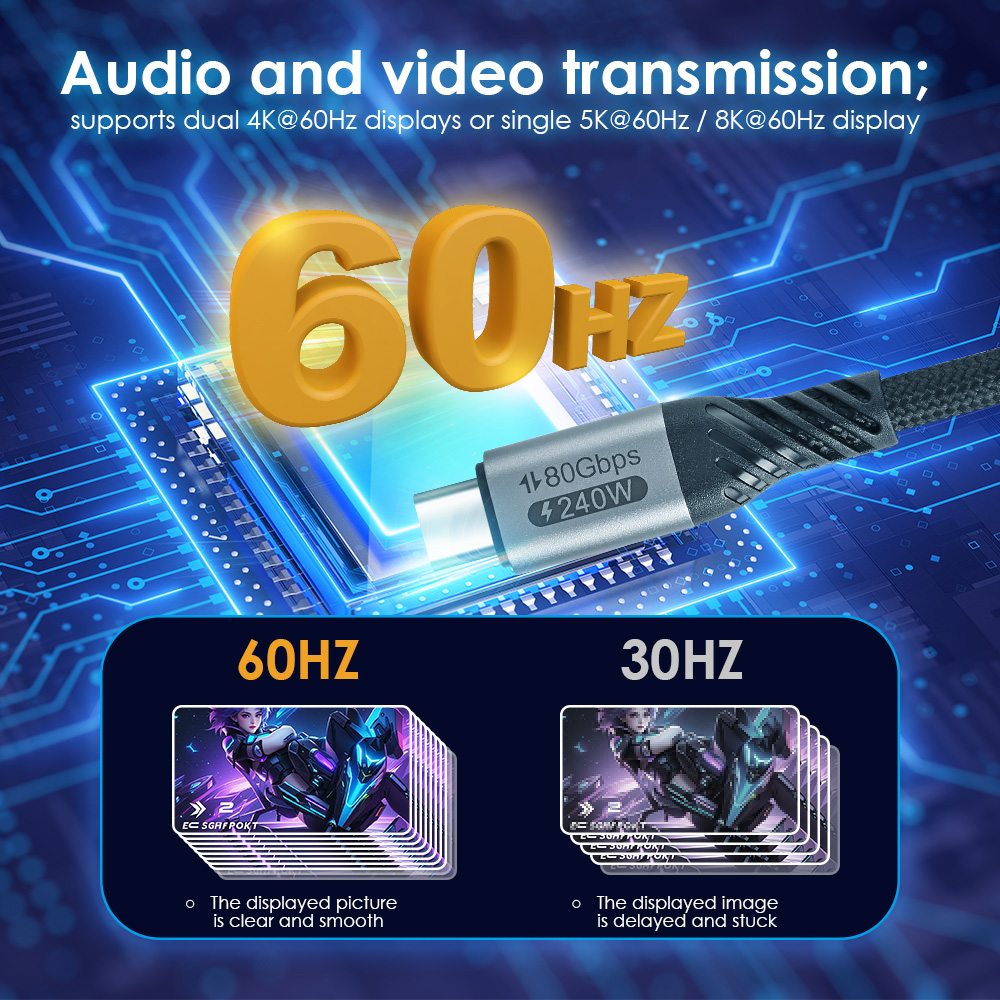 The nylon-braided USB 4.0 Type-C to Type-C cable supports audio and video transmission of up to 4K@60Hz