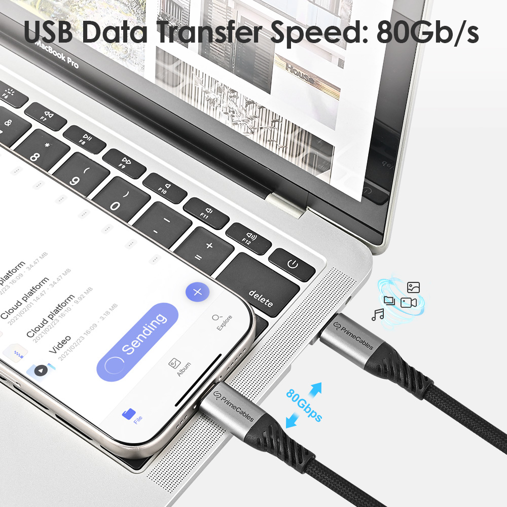Black nylon-braided USB 4.0 Type-C cable supports a data transfer rate of up to 80Gbps