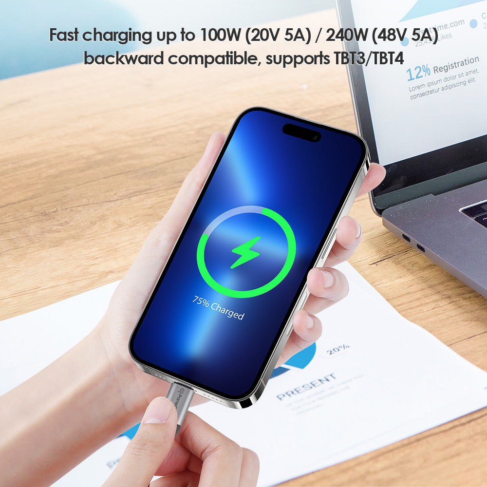 PrimeCables USB 4.0 Type-C cable supports fast charging up to 240W, and is backward compatible with USB 3.0, 2.0 and 1.0