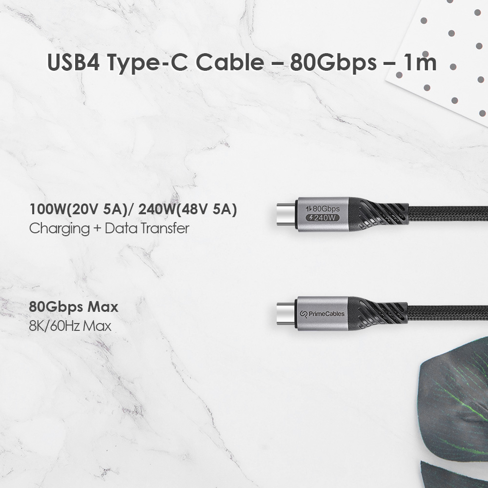 USB 4.0 Type-C to Type-C cable supports up to 240W charging power and up to 80Gbps data transfer rate