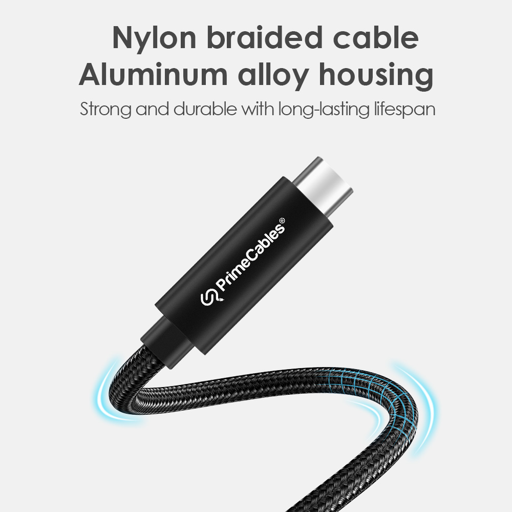 Coiled black USB-C cable with aluminum alloy housing, which is flexible, strong, and durable for long-term use