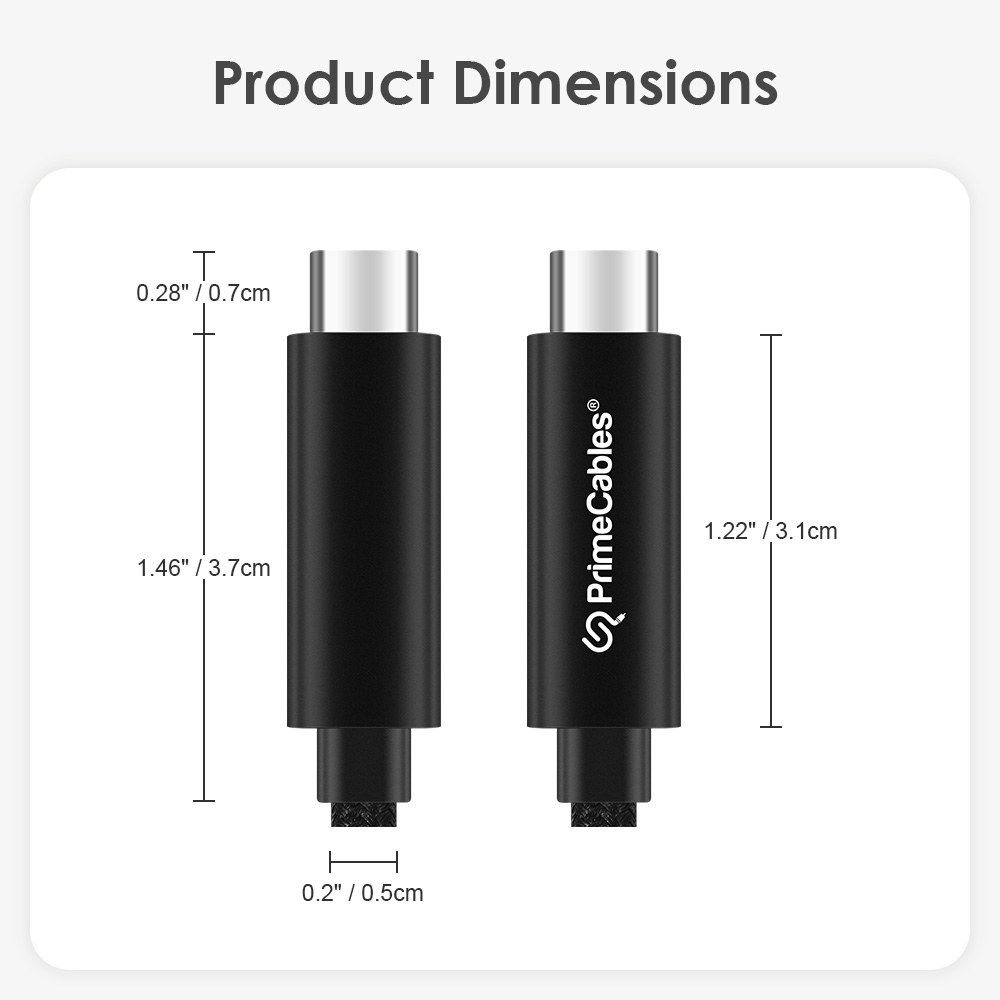 Product dimensions of PrimeCables USB-C cable, which it labeled measurements for the two black connector ends