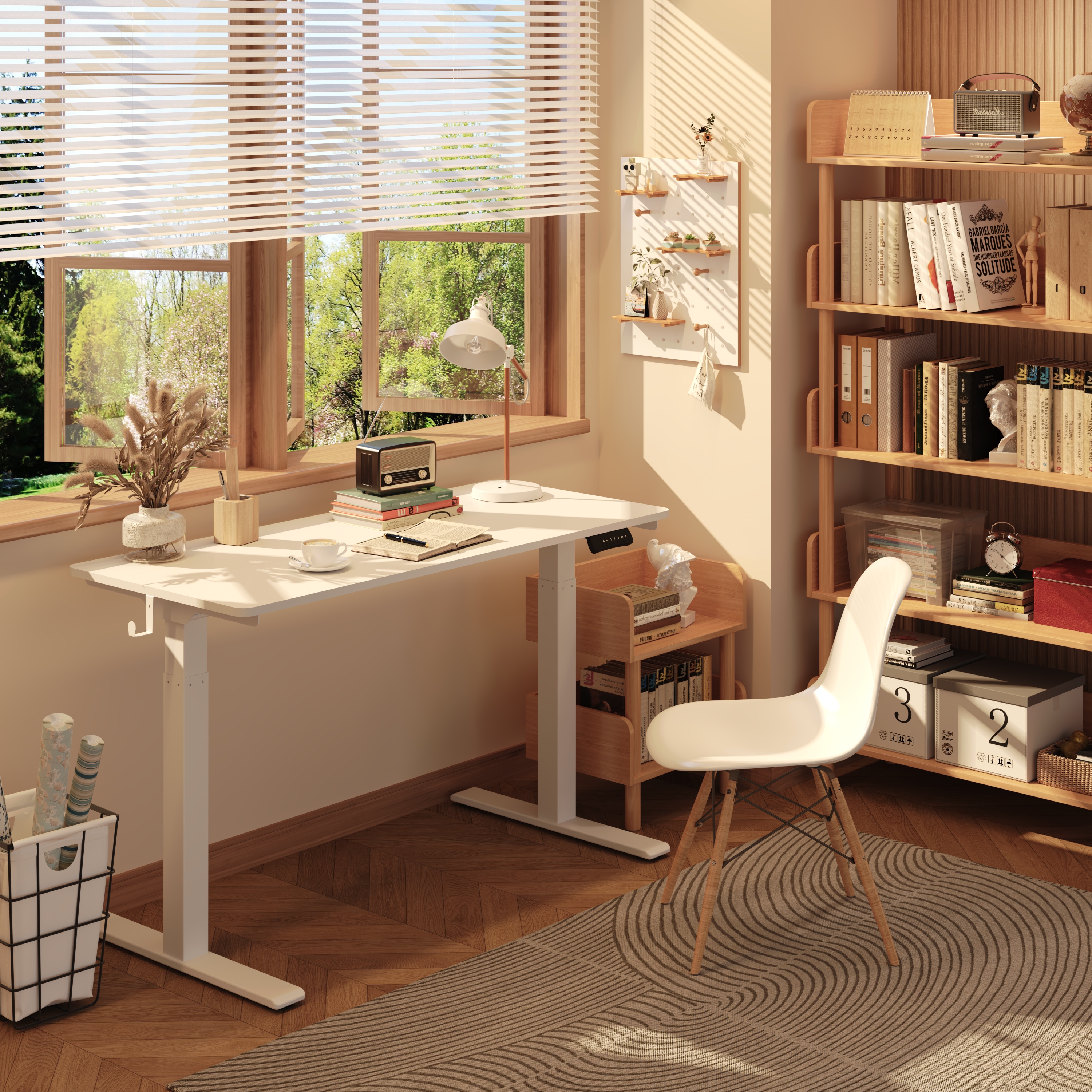 A white electric standing desk frame paired with a white desk top, in the home office