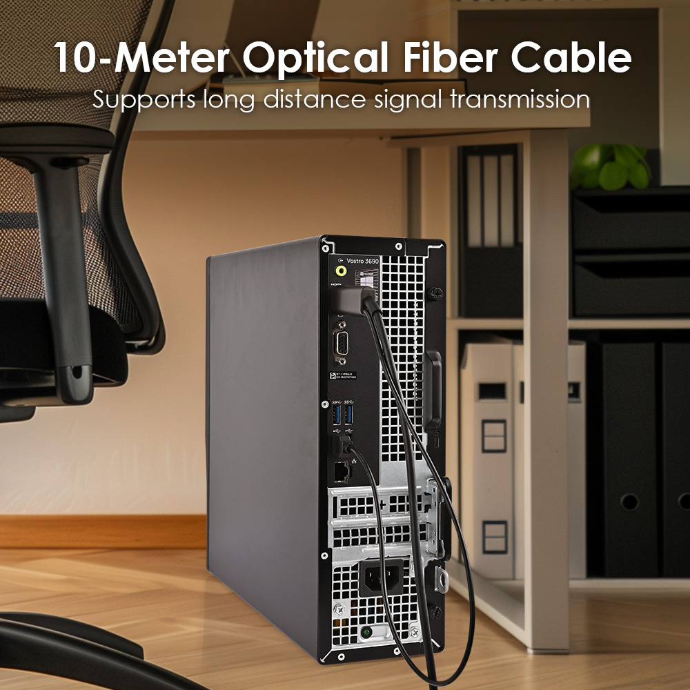 10-Meter USB-C to HDMI optical fiber cable connected to a desktop PC, which supports long-distance signal transmission