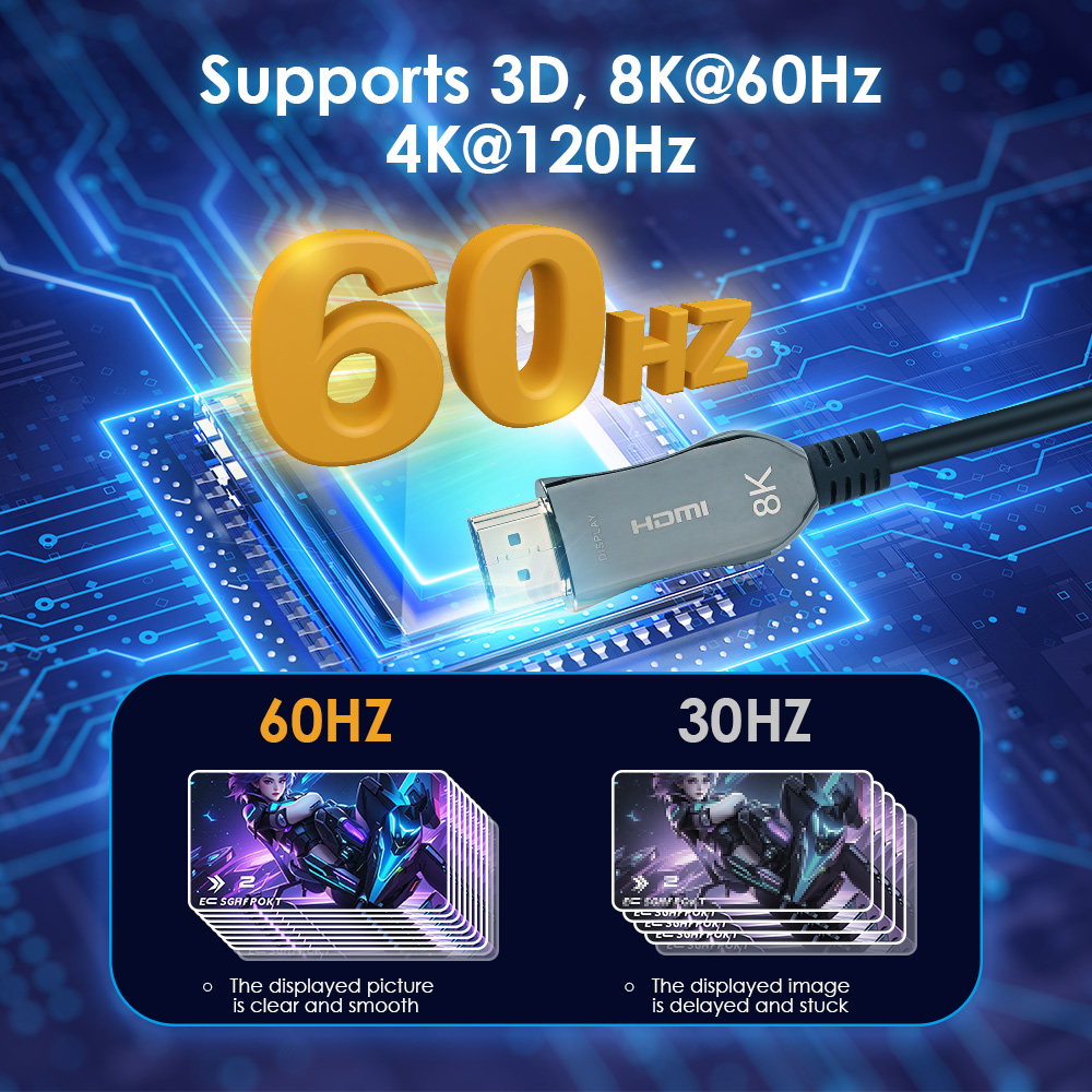 The PrimeCables HDMI 2.1 active optical cable supports 8K@60Hz resolution, presenting clear & smooth picture quality