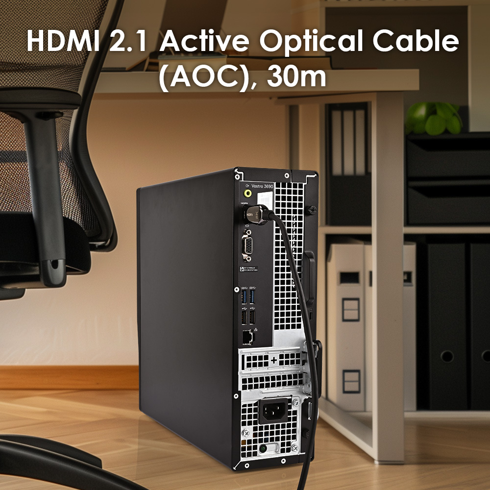PrimeCables 30m HDMI 2.1 active optical cable in use: plugged into a desktop PC in an office environment