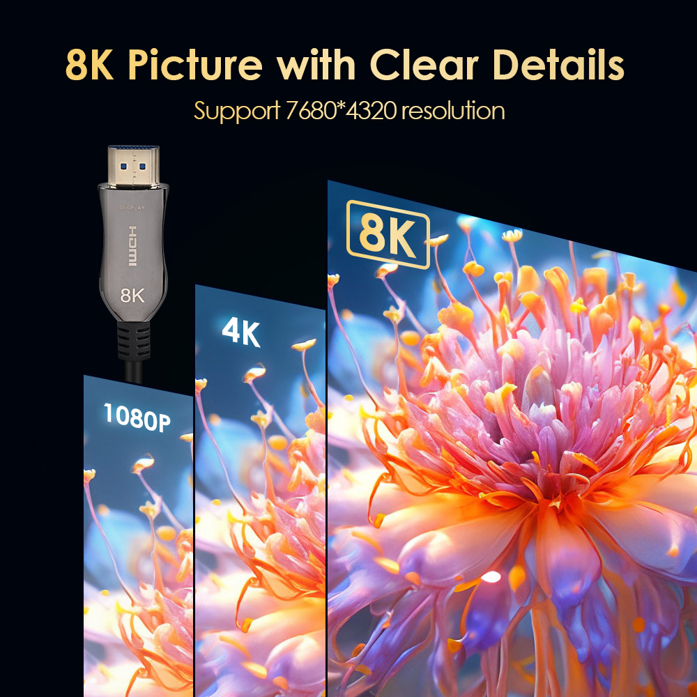 The HDMI 2.1 active optical cable adopts an 8K@60Hz resolution, which is clearer than 4K and 1080P