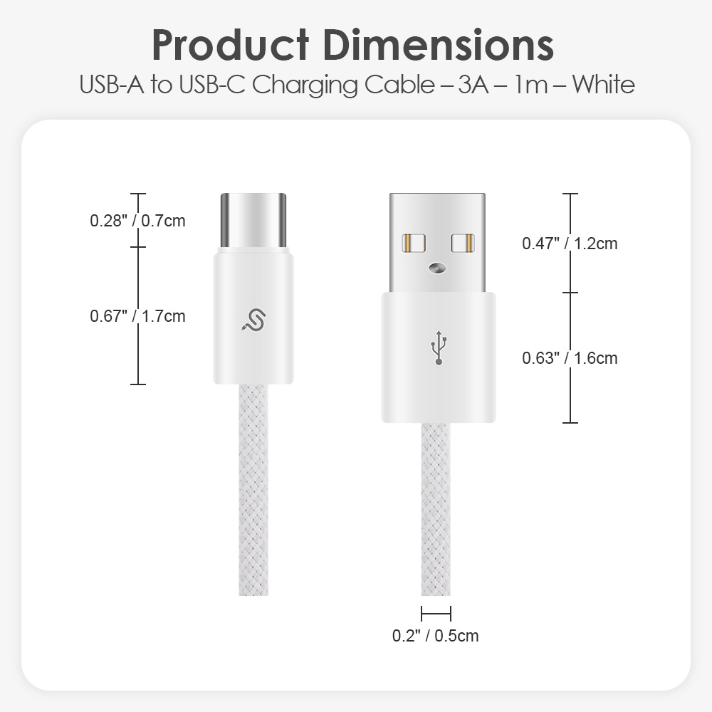 1m 3A USB-A to USB-C cable connector dimension diagram: Type-C port (0.67”x0.28”), Type-A port (0.63”x0.47”)