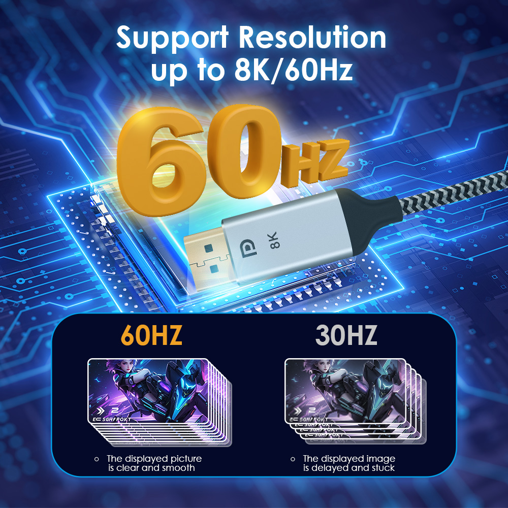 USB-C to DisplayPort cable supports resolution up to 8K/60Hz, with a graphic showing 60Hz is clearer and smoother than 30Hz
