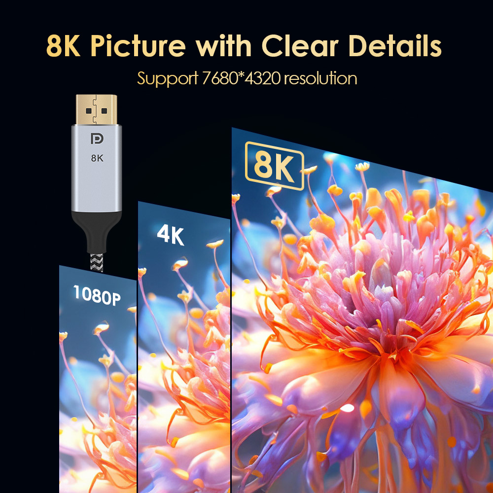 USB-C to DisplayPort cable supports 8K resolution, which is clearer than 1080P and 4K resolutions