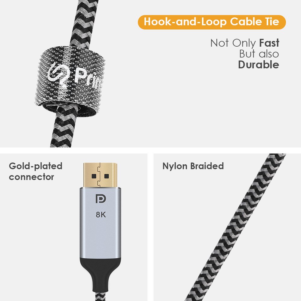 USB-C to DisplayPort cable features a hook-and-loop cable tie, gold-plated connector, and durable nylon braided cord