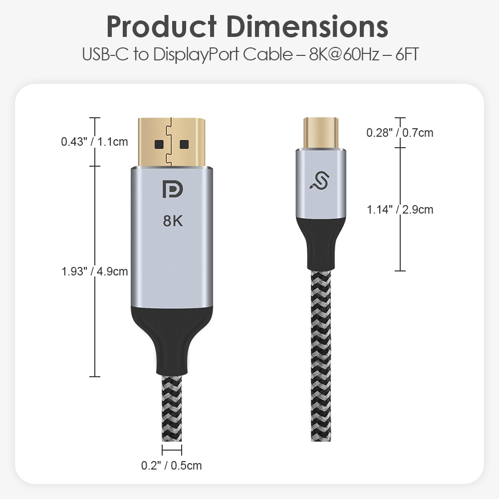 DisplayPort and USB-C connector dimensions and braided cord diameter of a 6ft USB-C to DisplayPort cable