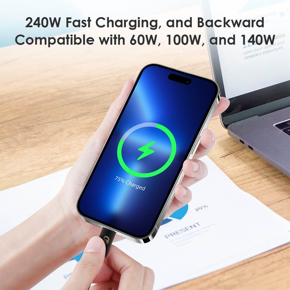 240W fast charging USB-C cable connected to a smartphone, and the cable is backward compatible with 60W/100W/140W charging