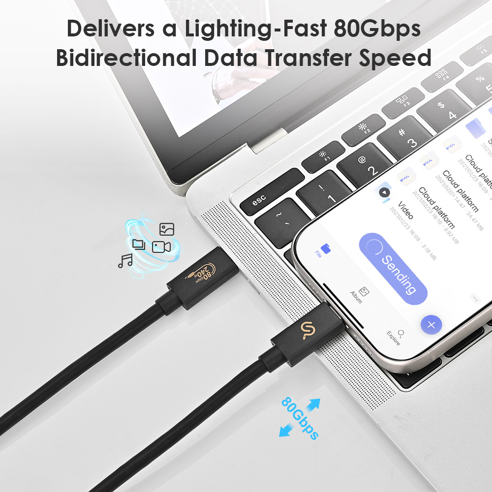 USB 4.0 Type-C cable supports up to 80Gbps bidirectional data transfer speed while linked between laptop and smartphone