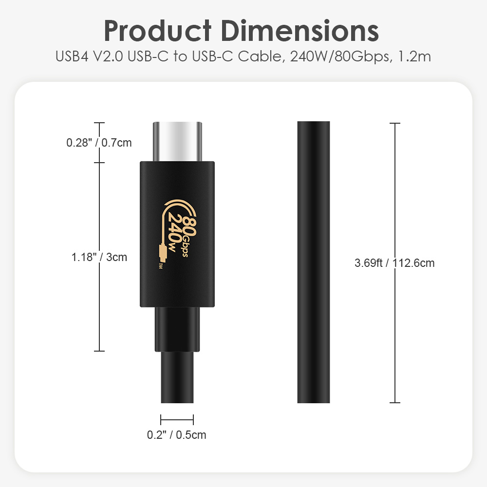 Connector and wire product size graphic for a PrimeCables black USB4 V2.0 USB-C cable