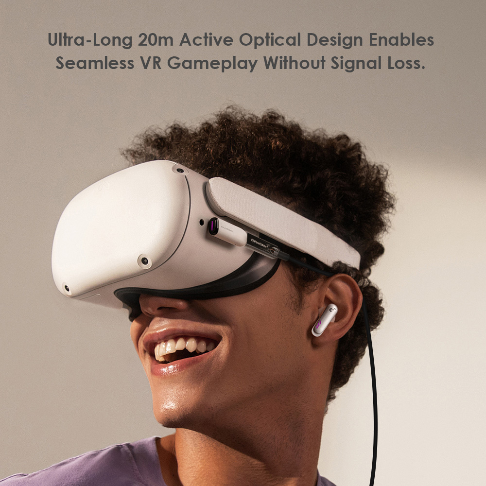 Active optical USB-C cable connects the VR headset, allowing user to enjoy a smooth VR gaming experience with no signal loss