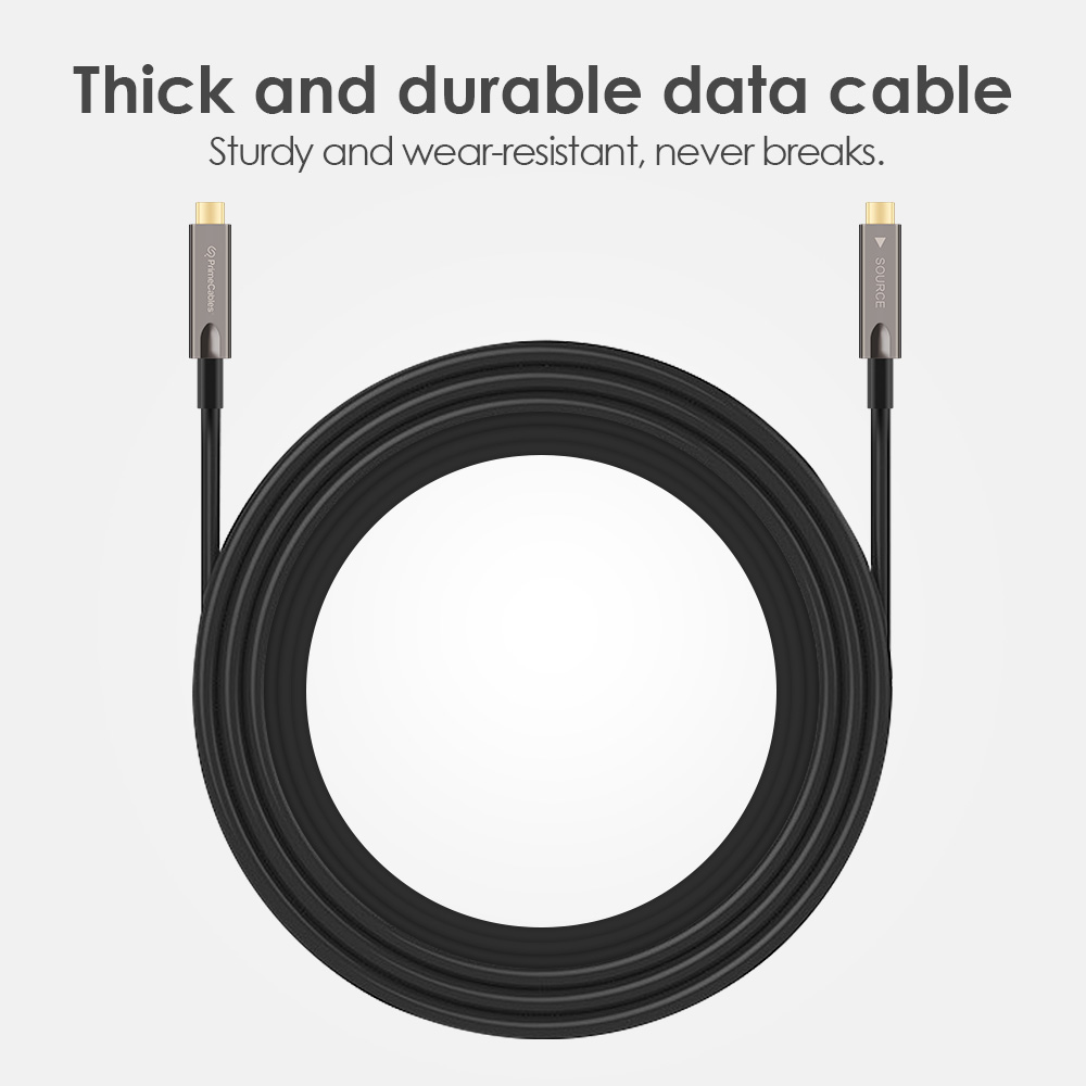 PrimeCables USB-C to USB-C active optical cable adopts thick and durable black wire that is wear-resistant for long-term use