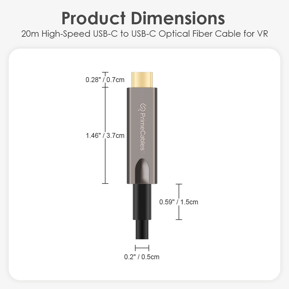 Detailed dimensions of the connector of a 20m high-speed USB-C to USB-C VR optical fiber cable