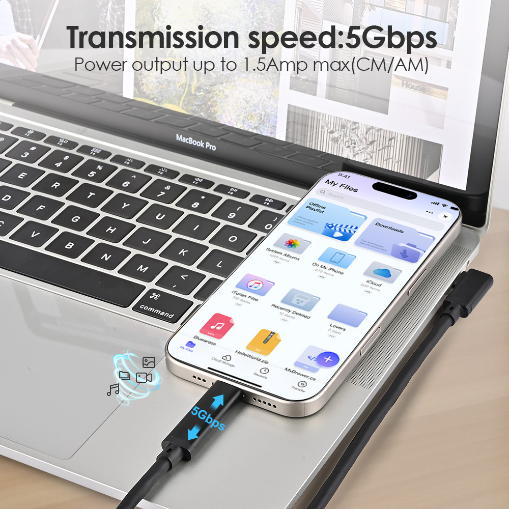 Black Type-C cable connecting MacBook Pro and smartphone with up to 5Gbps transfer speed and 1.5A charging power