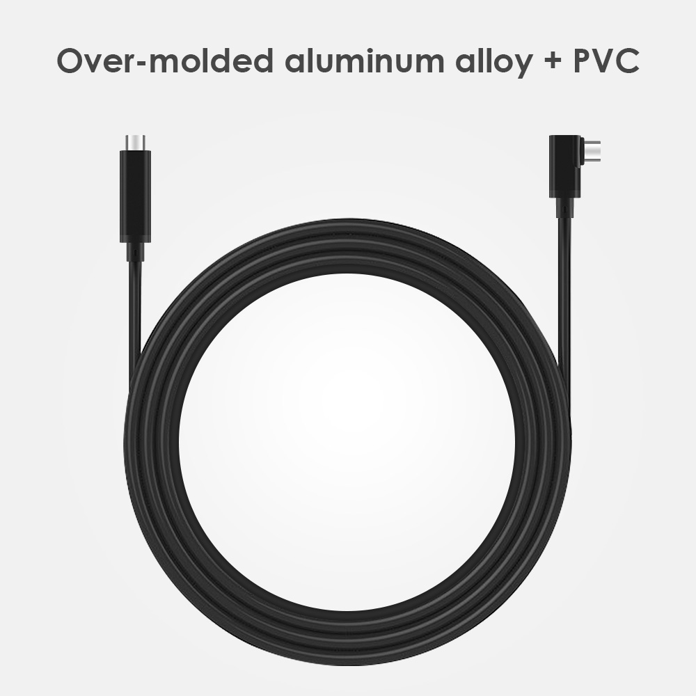 Coiled black right-angle Type-C VR cable comes with over-molded aluminum alloy and PVC shell that it is durable
