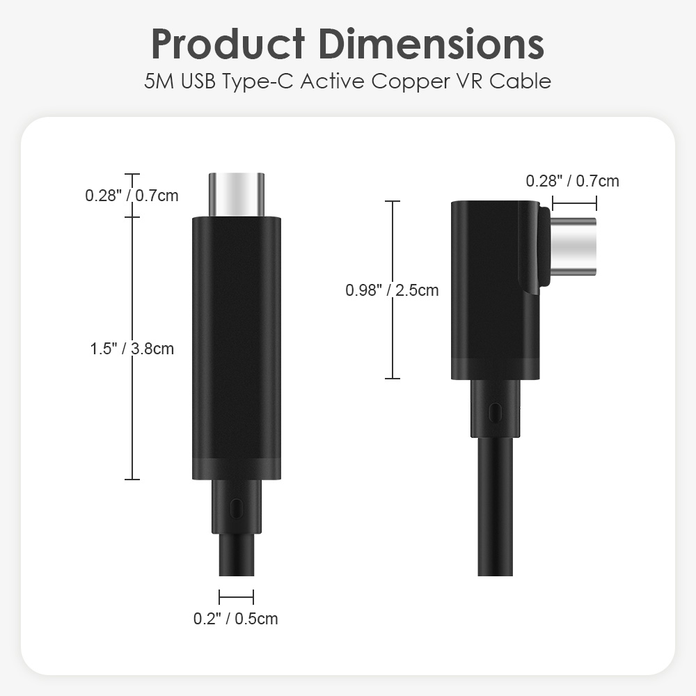 Product dimensions of right-angle and straight connectors of the 5m USB-C active copper VR cable