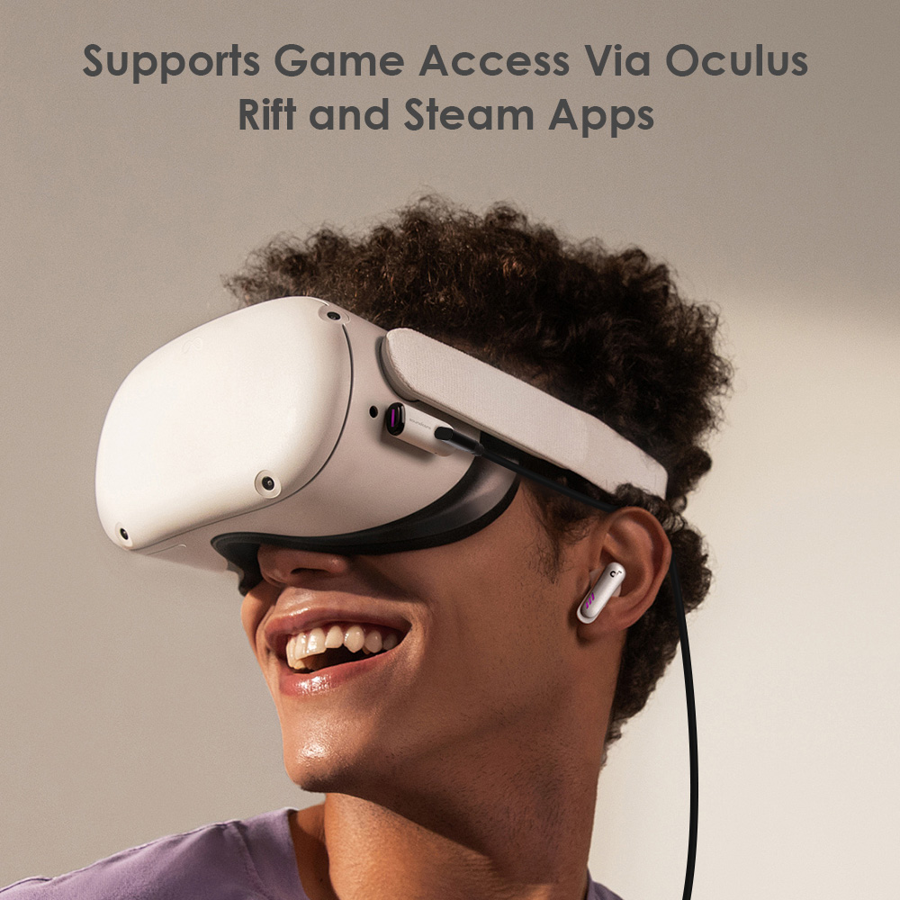 Person wearing a VR headset connected by a USB-A to right-angle Type-C PC VR cable for immersive VR gameplay