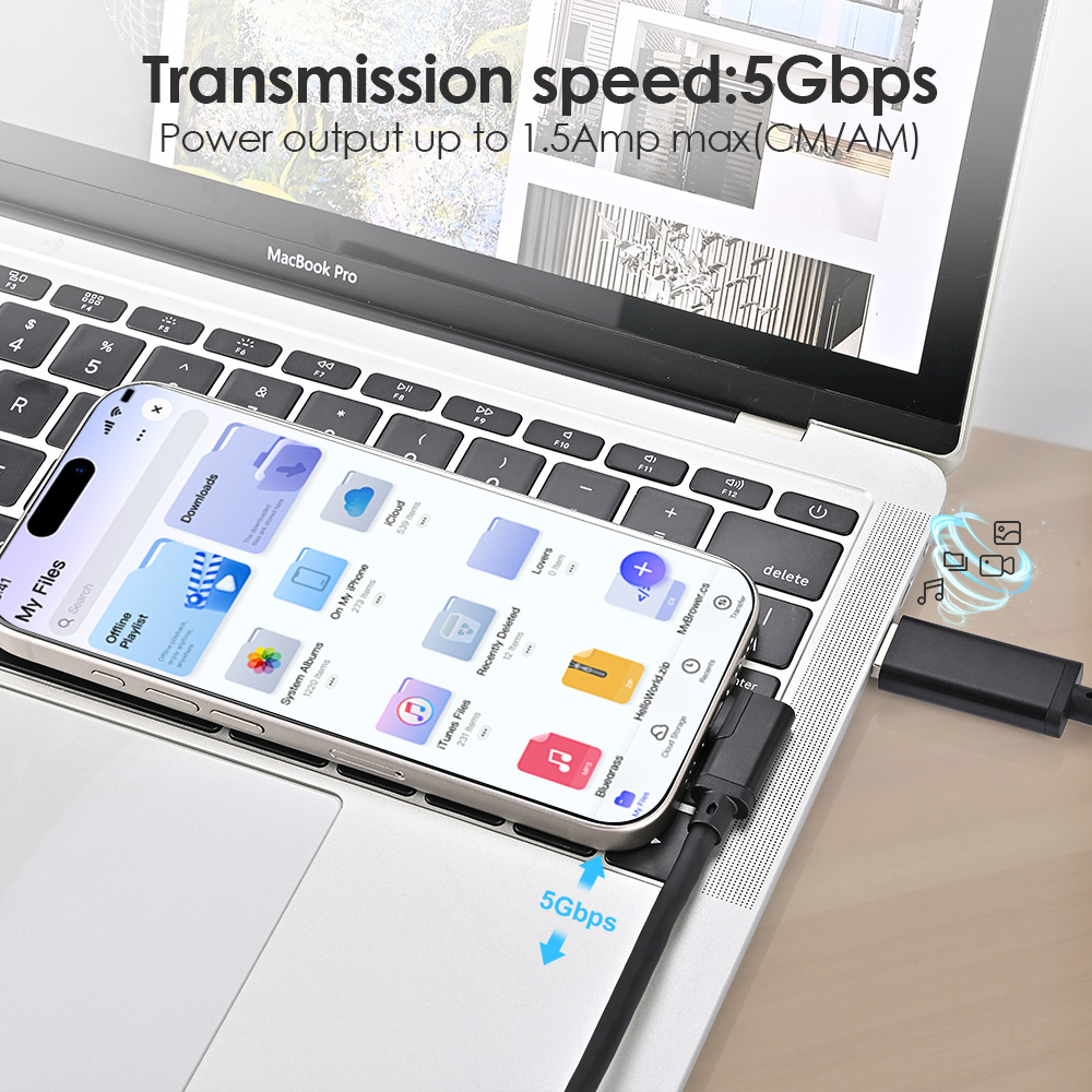 USB-A to right-angle USB-C cable connecting smartphone to MacBook Pro, illustrating data transfer speed up to 5Gbps