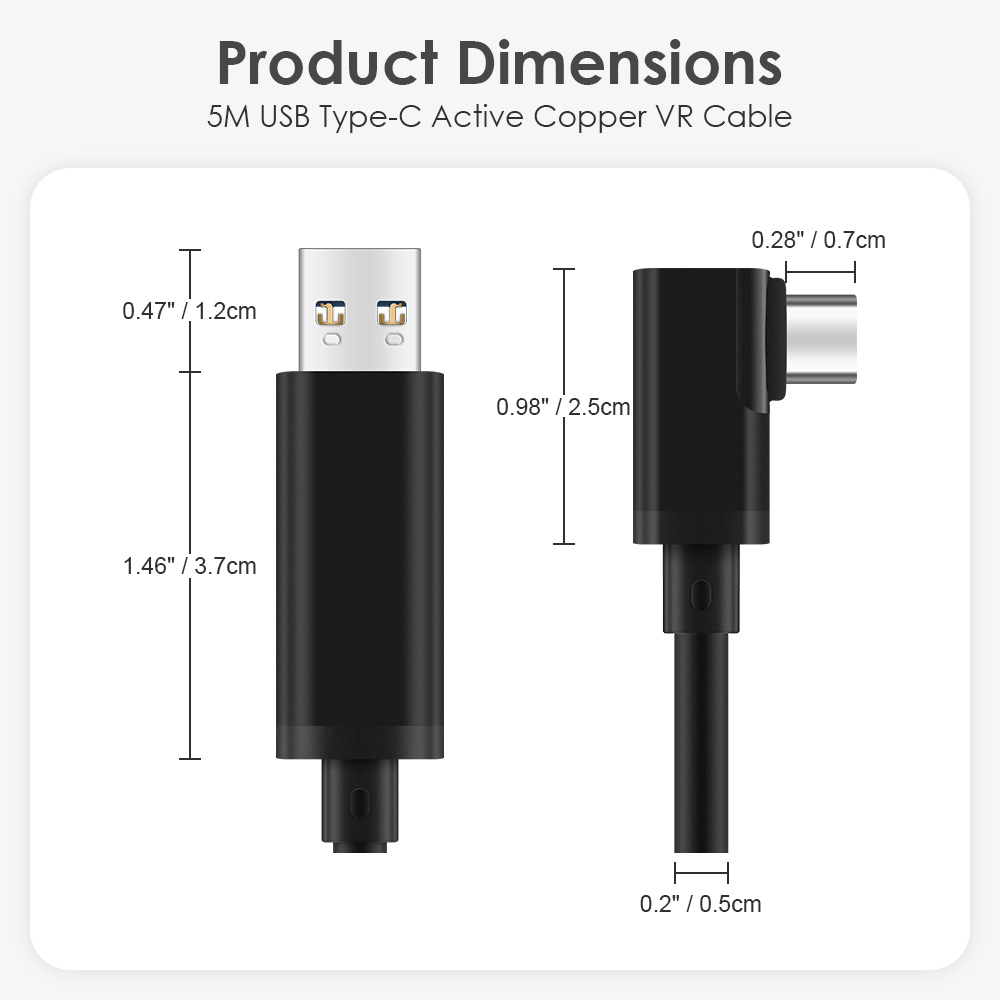 USB-A and right-angle USB-C connector dimensions diagram for a 5m USB-A to Type-C active copper cable