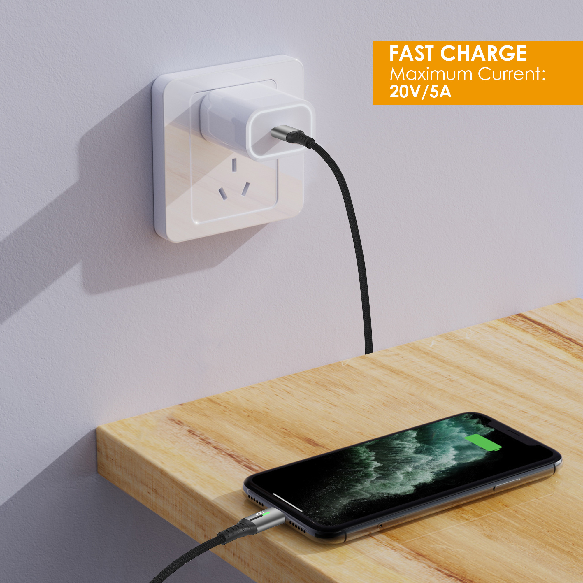 A 100W fast-charging USB2.0 Type-C cable connected a white wall charger to a smartphone
