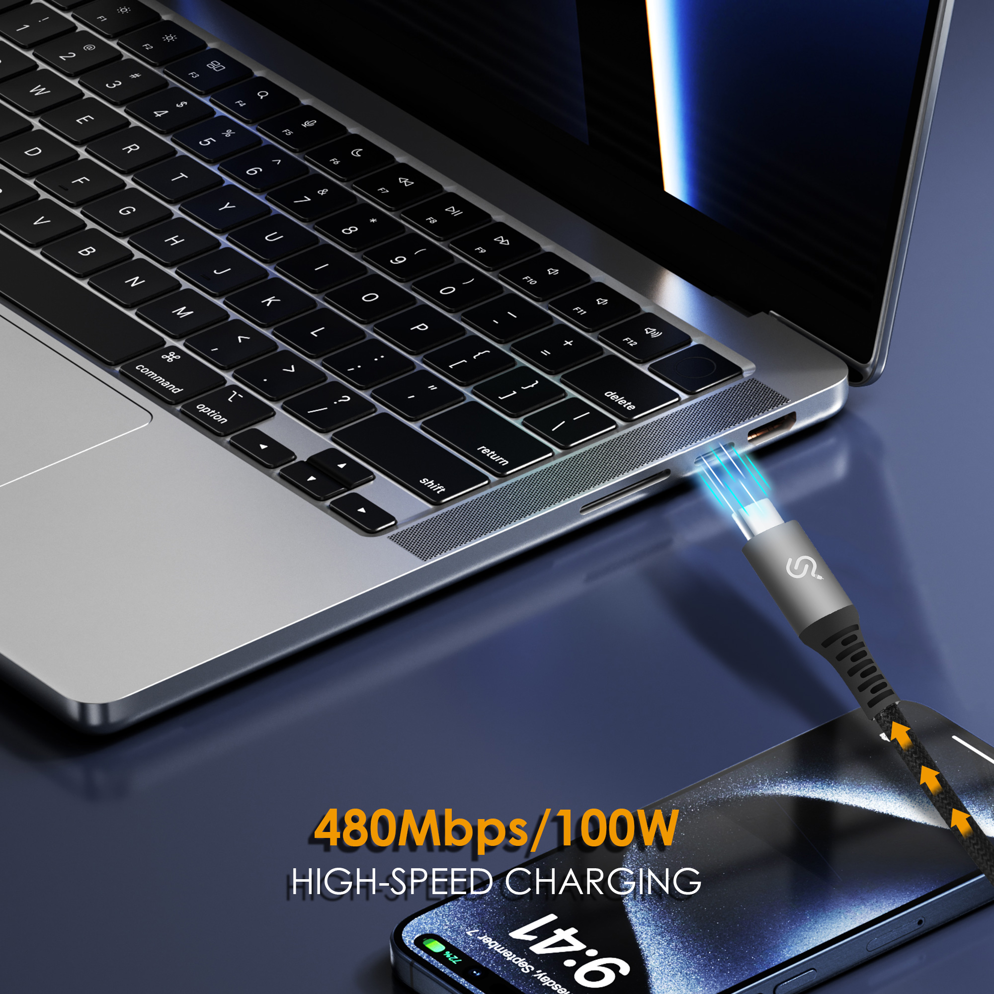 USB-C cable plugs into a laptop, while the cable supports up to 100W charging power and 480Mbps data transfer rate